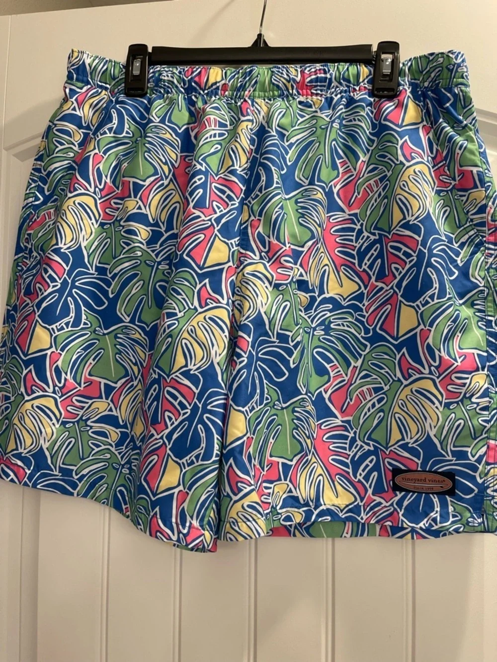Vineyard Vines Mens Chappy Swim Trunks Tropical Leaves Shorts Blue Pink Sz Large